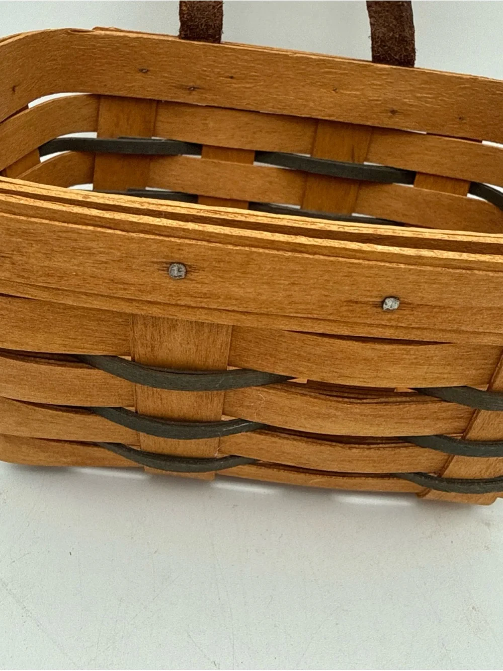 Vintage 1997 Longaberger Small Wall Hanging Key Basket Leather Strap Handle